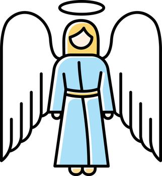 Angel color icon. Biblical archangel. Human figure in robe with wings and halo. Christmas holy angel. Gods messenger. Bible narrative. Christian symbol. Isolated vector illustration