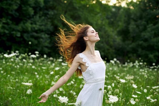cheerful woman outdoors flowers freedom summer nature