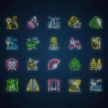 Indonesia neon light icons set. Tropical country animals. Trip to Indonesian islands. Exploring exotic culture. Unique plants. Architecture landmarks. Glowing signs. Vector isolated illustrations
