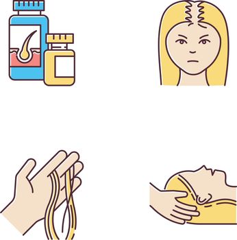 Hair loss RGB color icons set. Female baldness. Alopecia treatment. Woman with thinning hair. Strands of hair on hand. Physiotherapy, vitamin supplements. Isolated vector illustrations