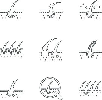 Hair loss pixel perfect linear icons set. Damaged hair, unhealthy roots. Scalp and follicle. Skin tissue. Customizable thin line contour symbols. Isolated vector outline illustrations. Editable stroke
