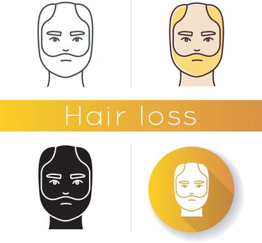 Male hairloss icon. Linear black and RGB color styles. Man with alopecia. Hairloss problem. Baldness. Dermatology and haircare treatment. Thinning hairline. Falling hair. Isolated vector illustrations