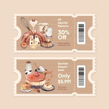 Voucher template with Spain dessert concept,watercolor style