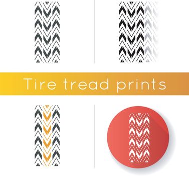 Track tread icon. Detailed automobile, motorcycle tyre marks. Car wheel trace with thick grooves. Vehicle zigzag-shaped tire trail. Linear black and RGB color styles. Isolated vector illustrations