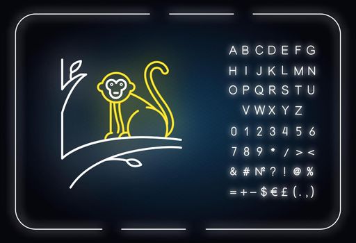 Monkey on tree neon light icon. Tropical country animal, mammal. Exploring exotic Indonesia islands wildlife. Primate sitting. Glowing sign with alphabet, numbers, symbols. Vector isolated illustration