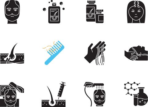 Hair loss black glyph icons set on white space. Hair roots. Alopecia treatment. Hair strands on hand. Physiotherapy and injection for hair thinning. Silhouette symbols. Vector isolated illustration