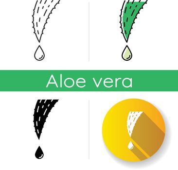 Plant juice icon. Aloe vera thorn with droplet. Dropping liquid. Medicinal herb sprout. Succulent sprout. Cosmetology and dermatology. Linear black and RGB color styles. Isolated vector illustrations
