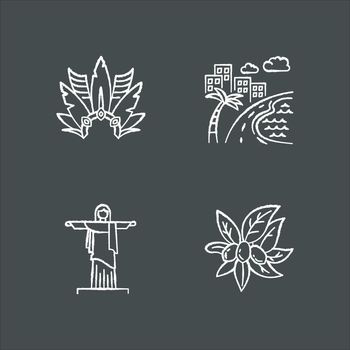 Brazil chalk white icons set on black background. Crown, plumage. South America cityscape. Christ the Redeemer. Religion sculpture. San Paulo. Rio de Janeiro. Isolated vector chalkboard illustrations