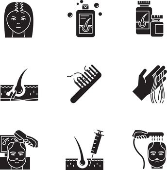 Hair loss black glyph icons set on white space. Male alopecia and female balding. Laser therapy for hair regrowth. Injection and transplantation. Silhouette symbols. Vector isolated illustration