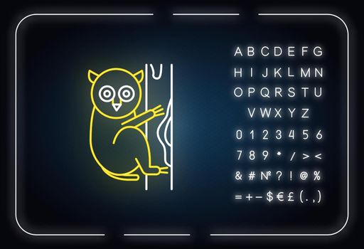 Tarsier neon light icon. Tropical country animals, mammals. Exploring exotic Indonesian islands wildlife. Primate on tree. Glowing sign with alphabet, numbers, symbols. Vector isolated illustration