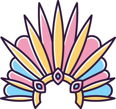 Brazilian carnival headwear yellow RGB color icon. Crown with plumage and jewels. Traditional wear. Ethnic festival. National holiday. Masquerade parade. Isolated vector illustration