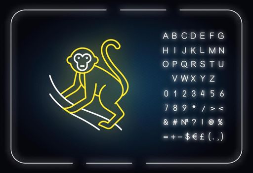 Monkey on liana neon light icon. Tropical country animal, mammal. Exploring exotic Indonesia wildlife. Primate climbing. Glowing sign with alphabet, numbers and symbols. Vector isolated illustration