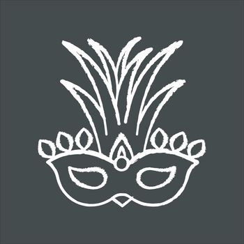 Masquerade mask chalk white icon on black background. Traditional headwear with palm leaves. Ethnic festival. National holiday parade. Isolated vector chalkboard illustration