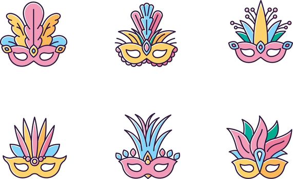 Masquerade masks yellow RGB color icons set. Traditional headwear with plumage. Ethnic festival. Brazilian national holiday. Isolated vector illustrations