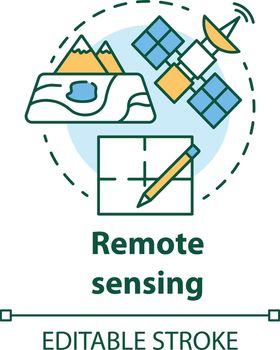 Remote sensing concept icon. Modern cartography. Earth exploration from space. Surveying satellite imagery idea thin line illustration. Vector isolated outline drawing. Editable stroke
