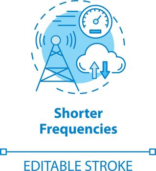 Shorter frequencies concept icon. Telecommunication tower. 5G technologies idea thin line illustration. Global coverege. High-speed connection. Vector isolated outline drawing. Editable stroke