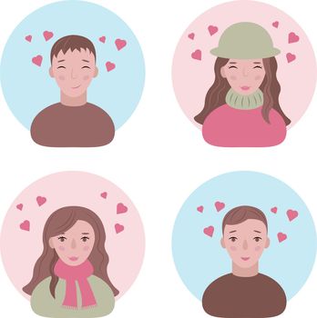 Faces of young people in love. Avatars of happy men and women in love. Portraits of smiling people for Valentine s Day. Funny faces with hearts over their heads. Vector illustration in cartoon style.
