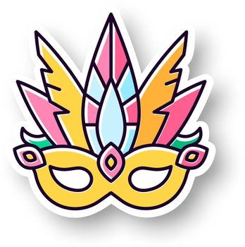 Masquerade mask patch. RGB color printable sticker. Traditional headwear with plumage. Ethnic festival parade. National holiday. Vector isolated illustration