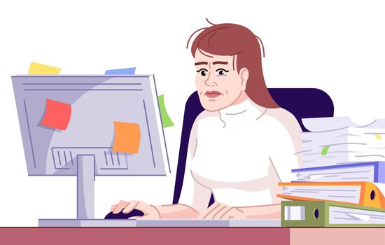 Workaholism flat color vector illustration. Burnout office employee. Compulsive worker girl. Dominance of work. Tired woman working at computer isolated cartoon character on white background