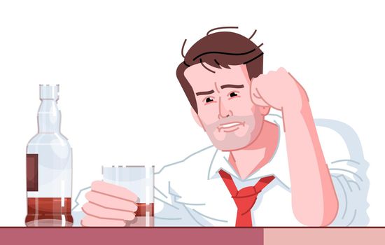 Alcohol addiction flat color vector illustration. Alcoholism habitual. Sloppy guy with whiskey. Sad, tired, drunk caucasian man holding glass of booze isolated cartoon character on white background