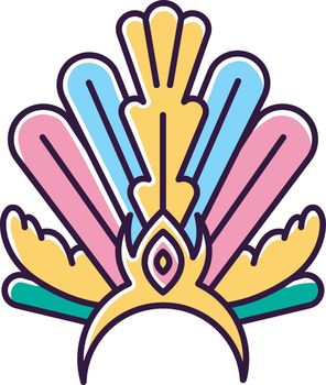 Brazilian carnival headwear yellow RGB color icon. Crown with plumage. Ethnic wear. Traditional festival. National holiday. Masquerade parade. Isolated vector illustration