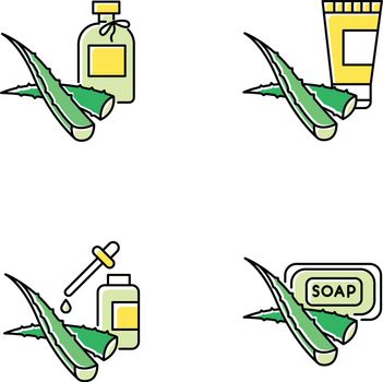 Aloe vera green color icons set. Oil and serum. Natural cosmetic products. Bathing soap. Plant based lotion. Cream with medicinal herb. Essence in bottle for skincare. Isolated vector illustrations