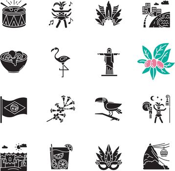 Brazilian carnival black glyph icons set on white space. Street party. South America traditions. Flamingo. Jesus statue. Sand castle on the coast. Silhouette symbols. Vector isolated illustration