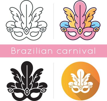 Masquerade mask icons set. Linear, black and RGB color styles. Brazilian traditional headwear with plumage. Ethnic festival. National holiday parade. Isolated vector illustrations