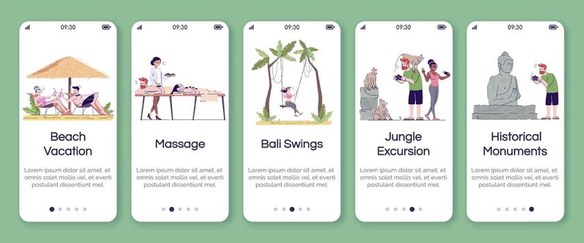 Indonesia tourism onboarding mobile app screen vector template. Sightseeing and relaxation. Walkthrough website steps with flat characters. UX, UI, GUI smartphone cartoon interface concept