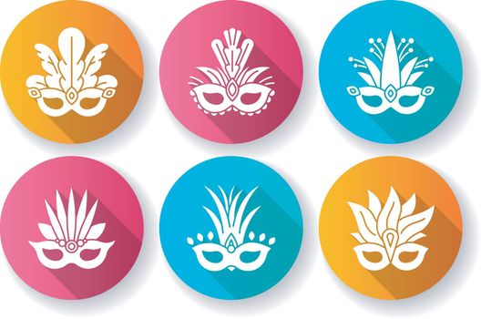 Masquerade masks flat design long shadow glyph icons set. Traditional headwear with plumage. Ethnic festival. Brazilian national holiday. Silhouette RGB color illustration