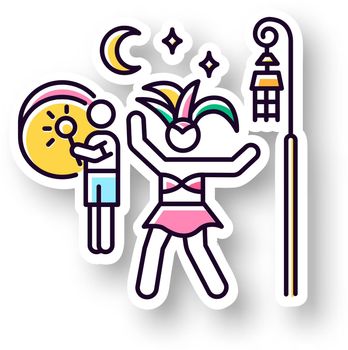 Samba patch. RGB color printable sticker. Brazilian carnival in night. Dancing lady in national costume. Ethnic festival. Man playing music on drum. Traditional music. Vector isolated illustration