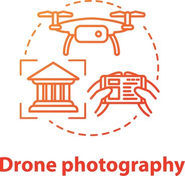 Drone photography concept icon. Quad copter with camera spying on house. Shooting historical objects from unusual angle. Vector isolated outline RGB color drawing