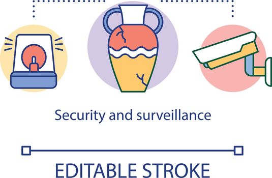 Security and surveillance concept icon. Protection of valuable historical artifacts. Modern museum alarm system idea thin line illustration. Vector isolated outline drawing. Editable stroke
