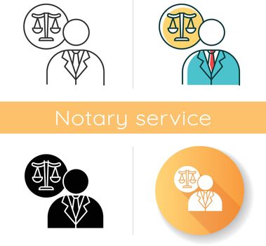 Lawyer icon. Attorney. Advocate. Legal representative. Trial. Courthouse. Legislature, law enforcement. Justice. Legal assistance. Linear black and RGB color styles. Isolated vector illustrations