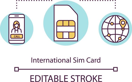 International sim card concept icon. Budget tourism, affordable travel idea thin line illustration. Saving money on roaming calls. Vector isolated outline RGB color drawing. Editable stroke