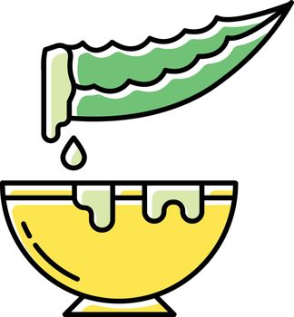 Plant extract color icon. Cut medicinal herb thorn with bowl. Sliced aloe vera leaf with jar. Organic plant based liquid. Dermatology and healthy skincare. Isolated vector illustration