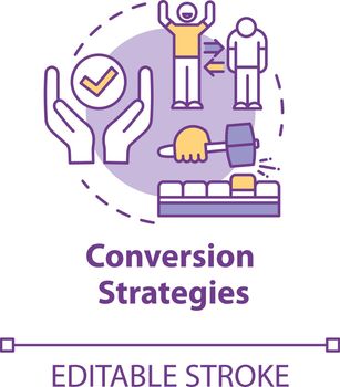 Conversion strategies concept icon. Generating lead customers. Retail and e-commerce. Marketing idea thin line illustration. Vector isolated outline RGB color drawing. Editable stroke