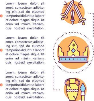 Artefacts concept icon with text. Museum values. Archaeological finds. Historical treasures. Article page vector template. Brochure, magazine, booklet design element with linear illustrations