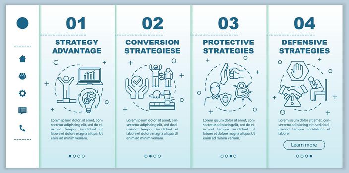 Business strategies onboarding vector template. Achieving goals. Conversion funnel. Marketing, development. Responsive mobile website with icons. Webpage walkthrough step screens. RGB color concept