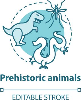 Prehistoric animals concept icon. Paleontological researching. Study of extinct and mythical animals. Evolution theory Vector isolated outline RGB color drawing. Editable stroke