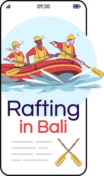 Rafting in Bali cartoon smartphone vector app screen. People in raft. Water activity. Indonesia tourism. Mobile phone display with flat character design mockup. Application telephone cute interface