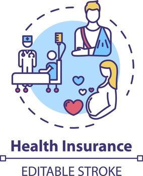 Health insurance concept icon. Pregnant woman checkup. Injury from accident. Medical assurance idea thin line illustration. Vector isolated outline RGB color drawing. Editable stroke