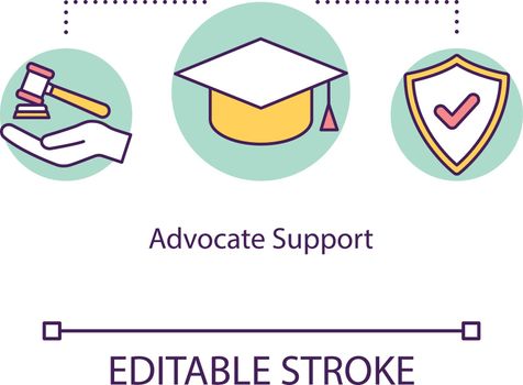 Advocate support concept icon. Help of attorney for students. Education contract. Lawyer consultation idea thin line illustration. Vector isolated outline RGB color drawing. Editable stroke