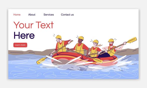 River rafting landing page vector template. Extreme activity. People in raft. Indonesia tourism website interface idea with flat illustrations. Homepage layout. Web banner, webpage cartoon concept