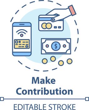Make contribution concept icon. Donation online. Money transaction. Credit card. Corporate funding. Investment idea thin line illustration. Vector isolated outline RGB color drawing. Editable stroke