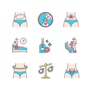 Menstrual cycle color icons set. Predmenstrual syndrome. Bloating, abdominal pain. Sleep deprivation. Aromatherapy. Diarrhea, stomach ache. Hormone imbalance. Overweight. Isolated vector illustrations