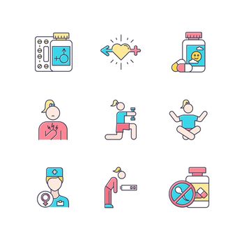 Predmenstrual syndrome color icons set. Replacement therapy. Gynecology. Libido racing. Antidepressant. Fatigue. Birth control. Chest pain. Exercise and meditation. Isolated vector illustrations