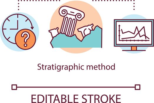 Stratigraphic method concept icon. Modern methods of archaeological research. Recovering historical layers idea thin line illustration. Vector isolated outline drawing. Editable stroke