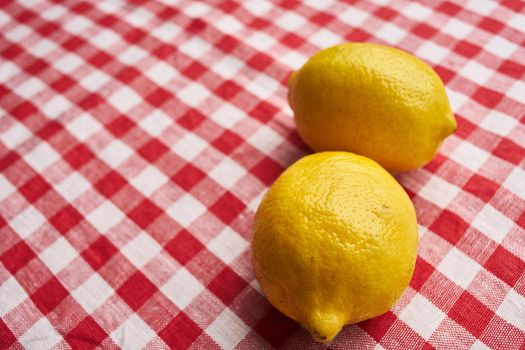 checkered tablecloth lemons citrus ingredients top view