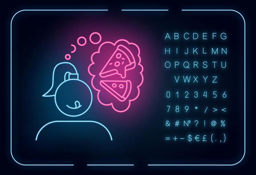 Pizza craving neon light icon. Woman thinking of fast food. Unhealthy treat. Appetite for italian cuisine. Glowing sign with alphabet, numbers and symbols. Vector isolated illustration
